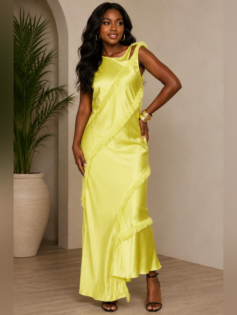 Asos Chartuese Fringe Satin Maxi Dress